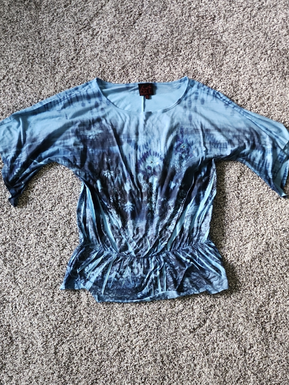 Light Blue Tie-Dye Women’s Blouse Elastic Waist French Blue Bling Rhinestone